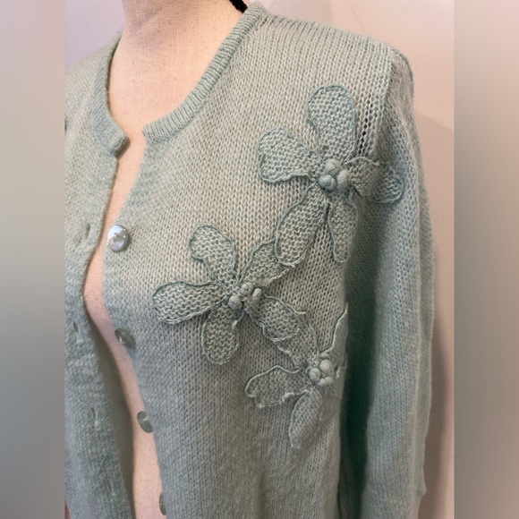Pennington’s mohair sweater  cardigan mint green floral appliqué SZ 1X - Picture 2 of 5